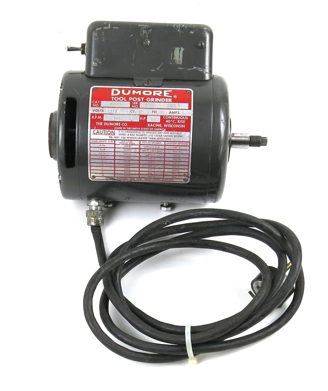 Dumore Tool Post Grinder Motor Early Model 55-011 (Needs Bearing)