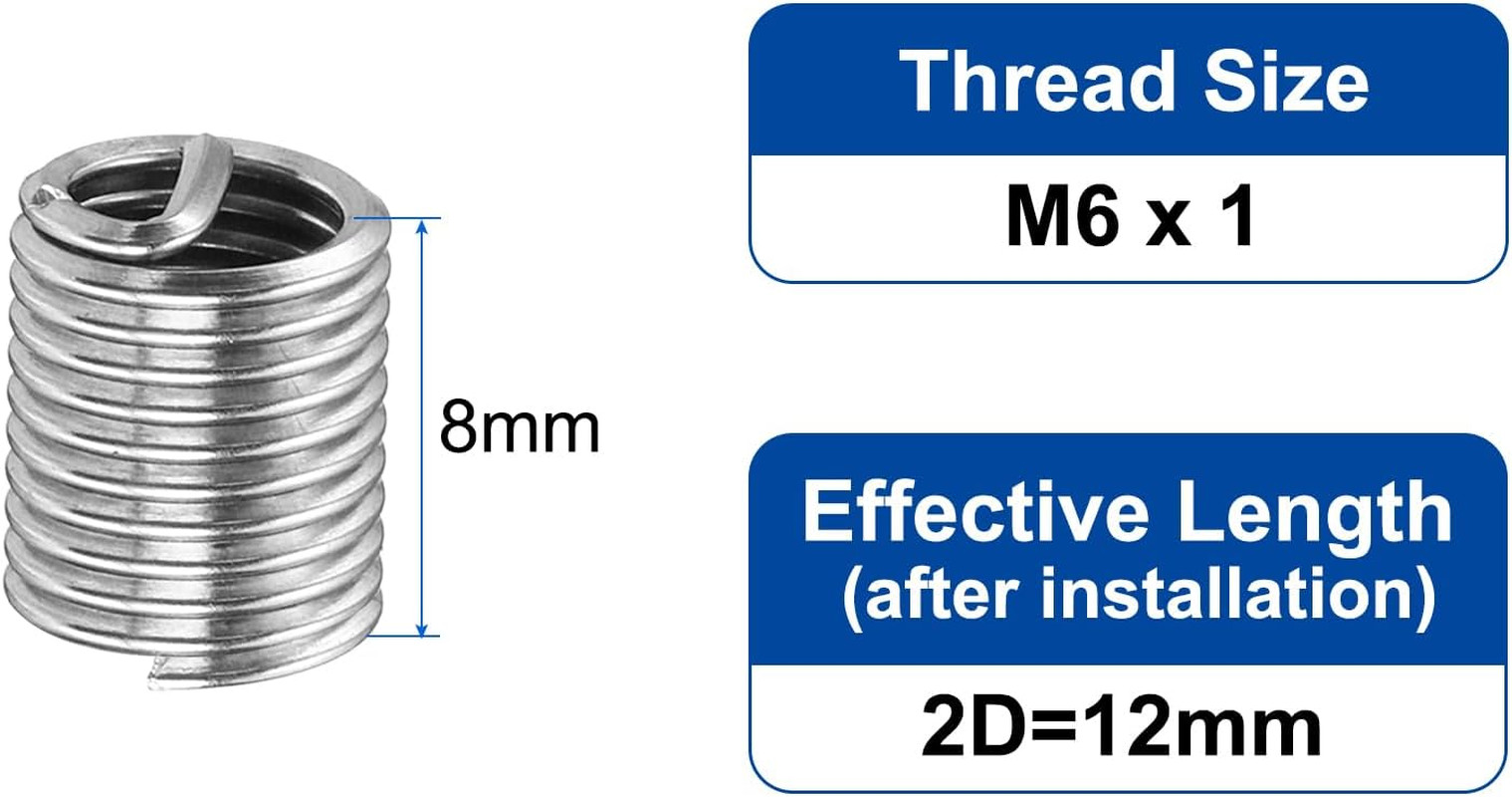 M6 X 1Mm X 2D 304 Stainless Steel Helicoil Wire Thread Inserts 20Pcs