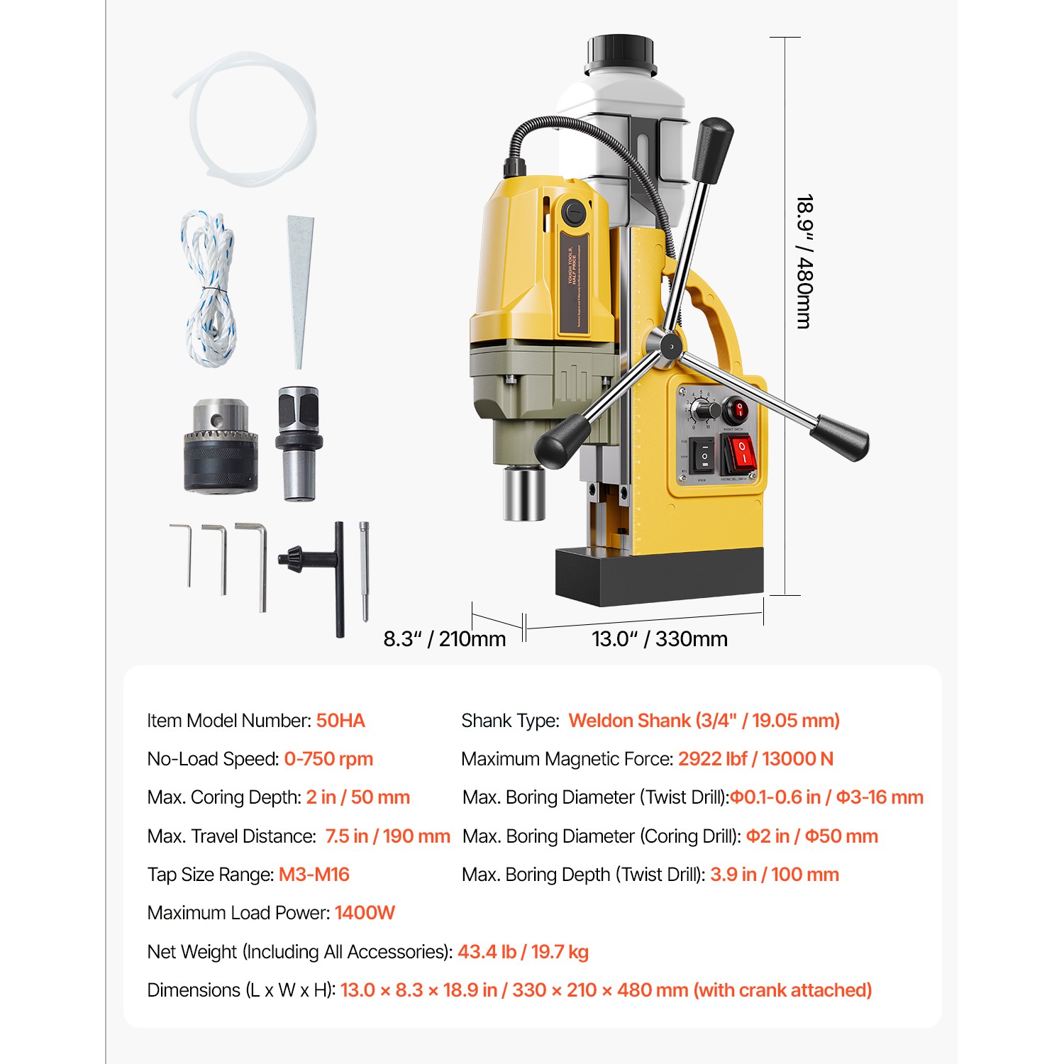 Uimoso Magnetic Drill 1400W, 2922 lbf Force, 2 in Hole Diameter, Speed 0-750 RPM
