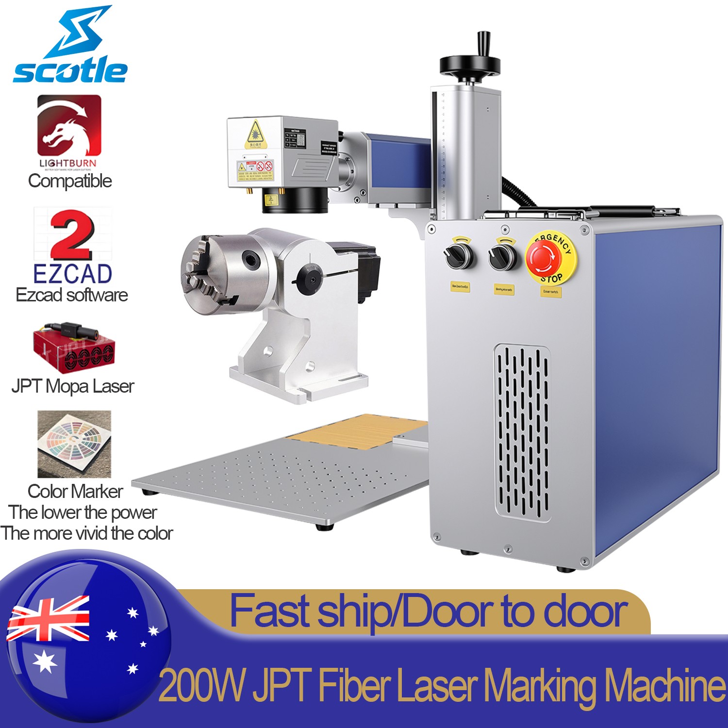 200W JPT Mopa Fiber Laser Marking Machine Metal Steel Aluminum Engraver Rotary