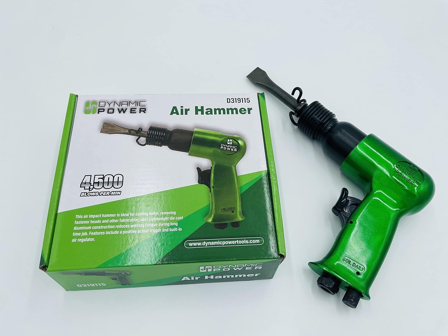 DYNAMIC POWER Short Barrel Air Hammer Kit with 4-Chisels, Alloyed steel Green