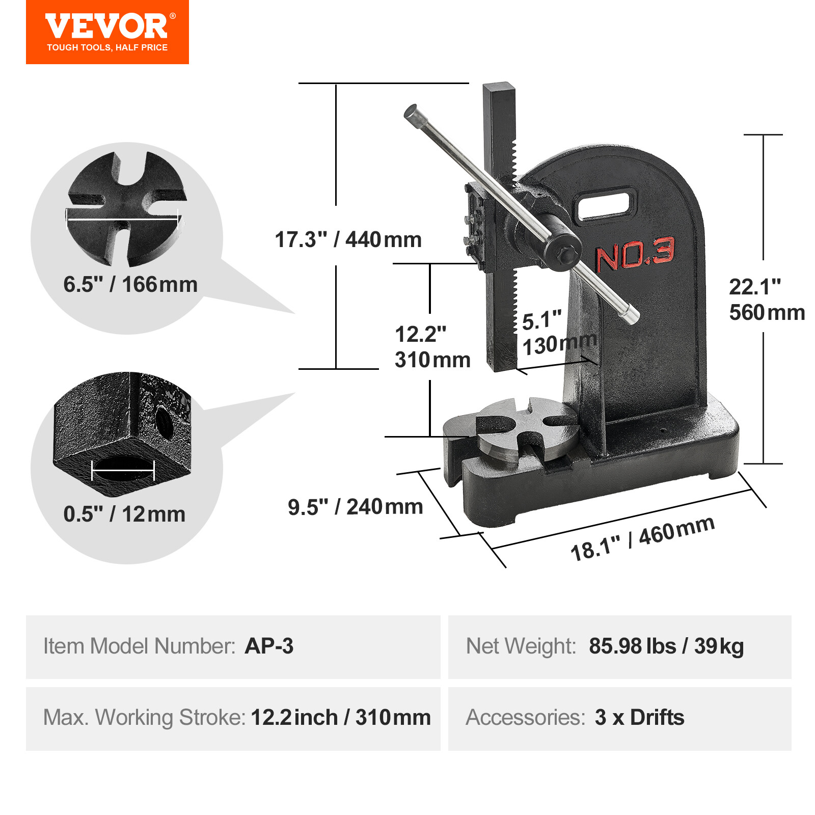 VEVOR Arbor Press 3 Ton Lever Bench Mountable Bearings Cast Iron Manual Desktop