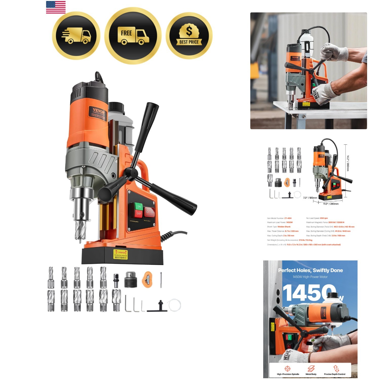 Mag Drill Press, 1300W 1.57″ Boring Diameter, 2922lbf Power Portable Magnetic…