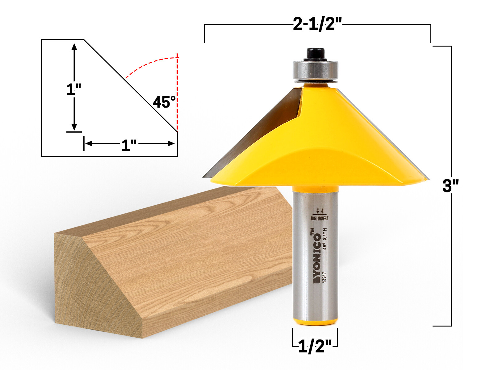 45 Degree Chamfer Edge Forming Router Bit – 1/2″ Shank – Yonico 13917
