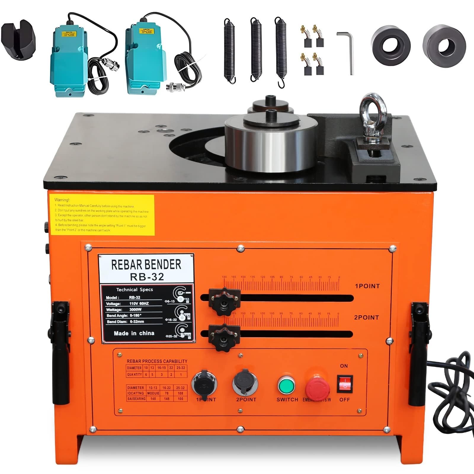 Electric Hydraulic Rebar Bender 3000W 1/4-1 Inch 0-180° Foot Pedal Switch