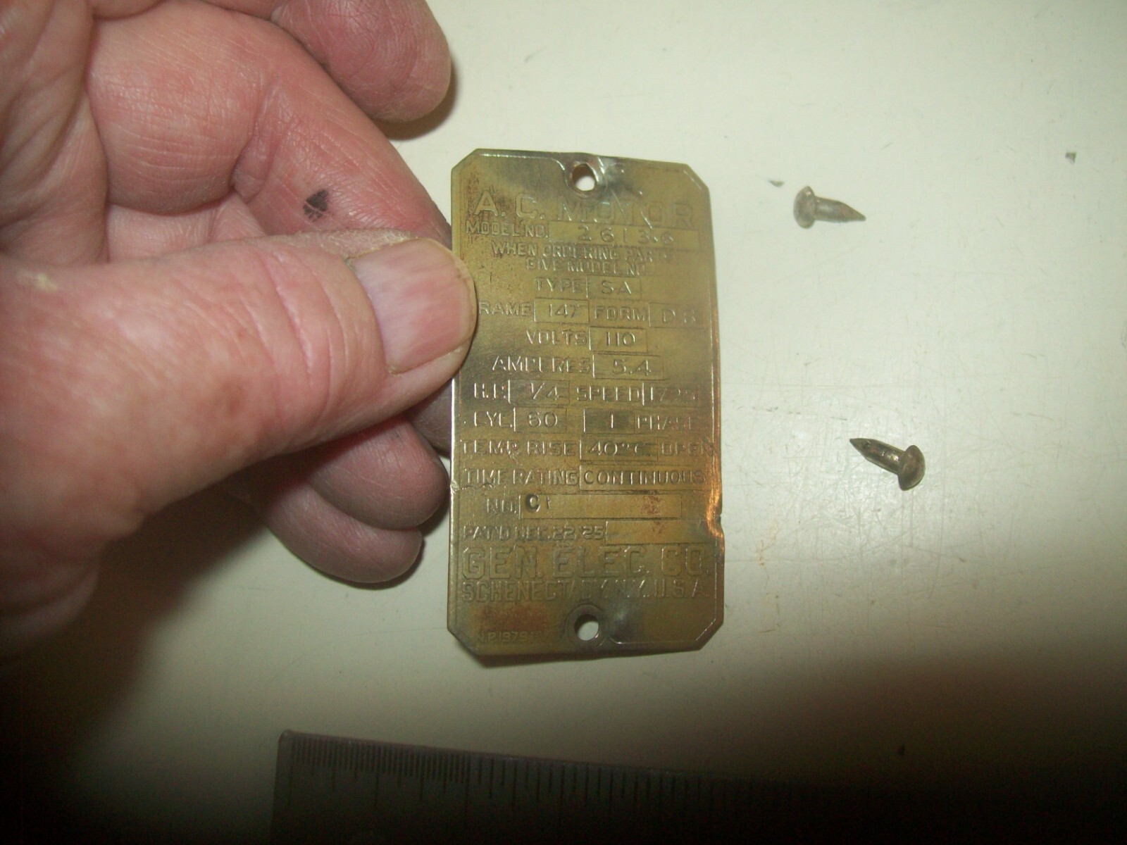 Brass General Electric Model #26136 1/4 HP Motor Plate From Wood Lathe