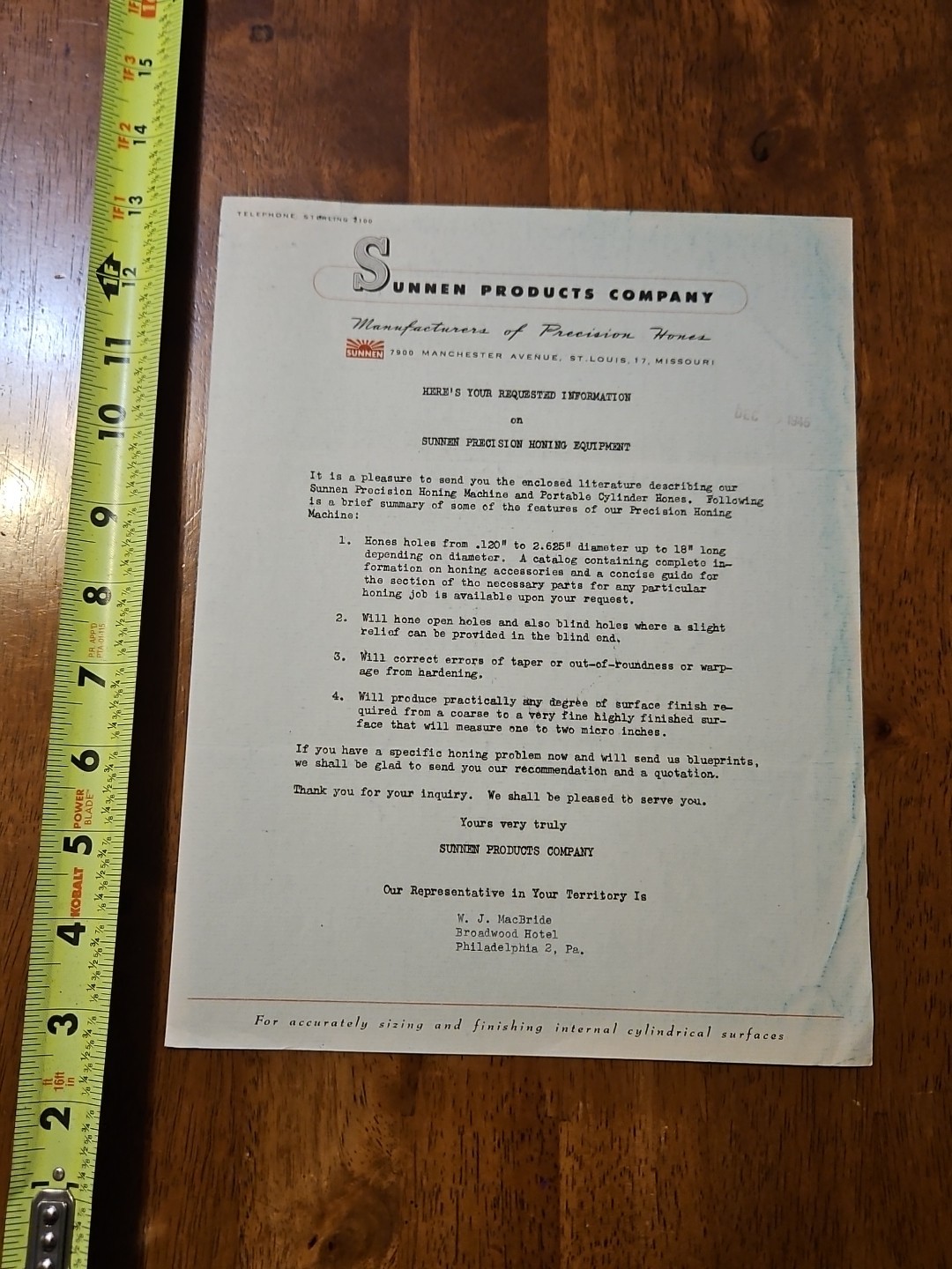 AUNNEN EXTERNAL HONE HONING MACHINE CATALOG 1946 LETTERHEAD