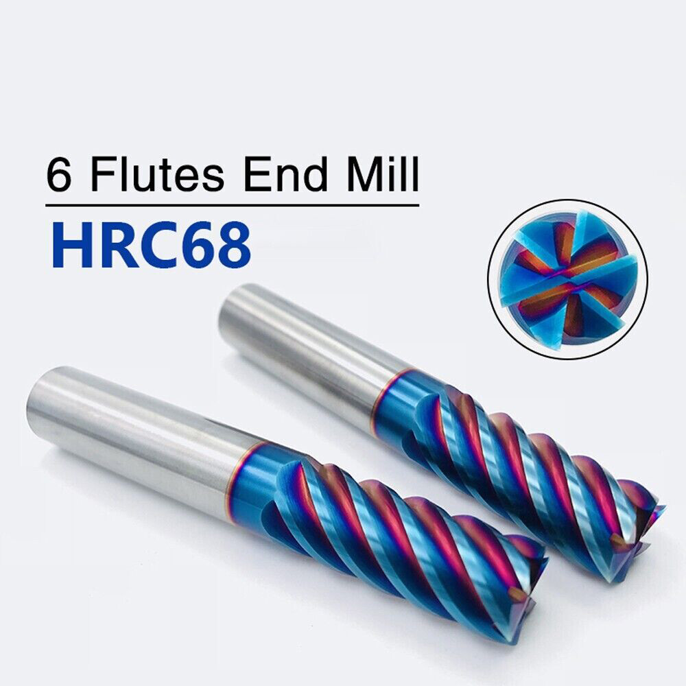 6/8/10/12mm 6 Flute Carbide End Mill CNC Milling Cutter HRC68 Nano Blue Coating