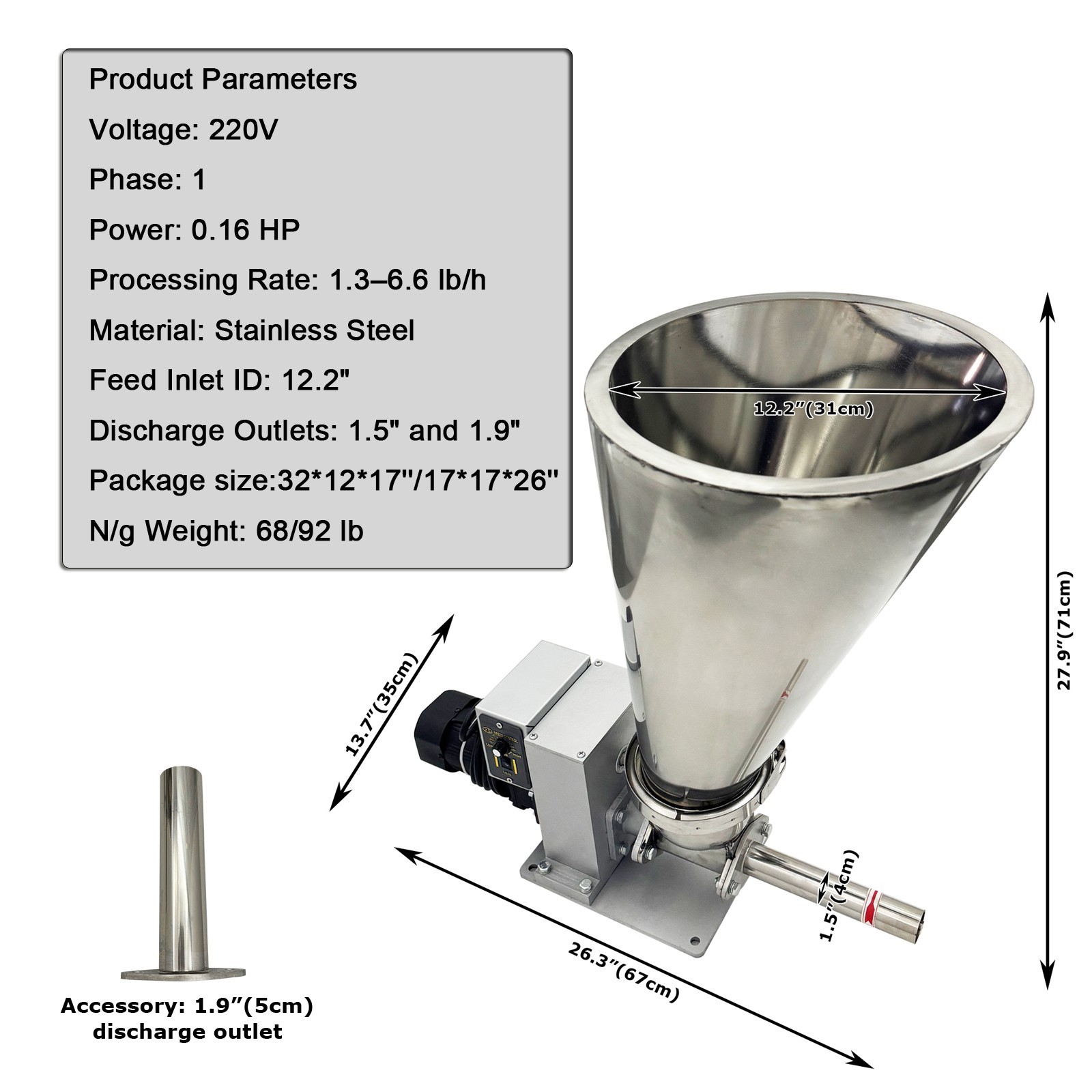 Single Screw Feeder (220V 1PH, 0.12kW / 0.16HP, 0.6-3 kg/h, Stainless Steel)