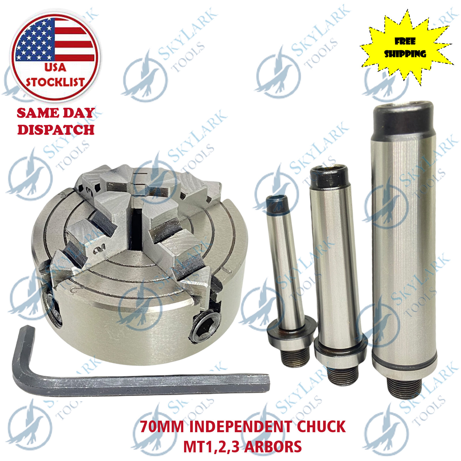 4-Jaw 70mm Independent Chucks M14X1 Thread with MT1 MT2 MT3 R8 Mount Shank Arbor