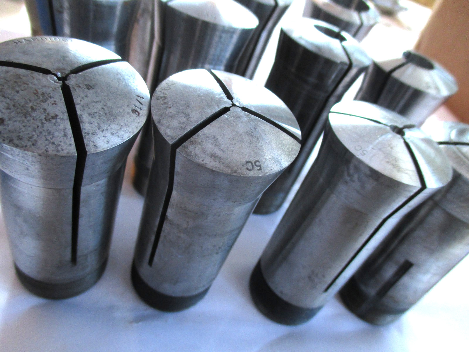 Lot /Set of 11 Hardinge 5C Collets. Range Is 1/16 to 1″. 7 Have Internal Thread