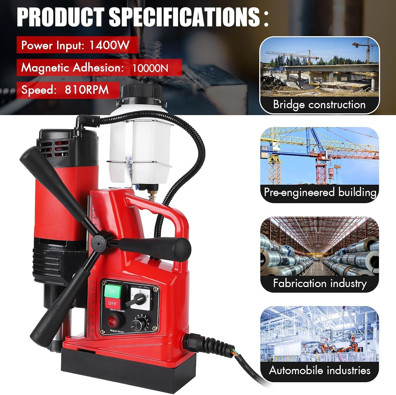 Magnetic Drill Press,10-Speed 1400W 810RPM Portable Power Mag Drill Press,Red