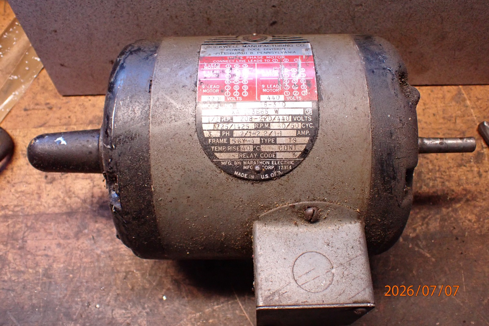 OLDER DELTA ROCKWELL 66-320 1/2″ DUAL SHAFT 3 PHASE ELECTRIC MACHINE MOTOR 56Y