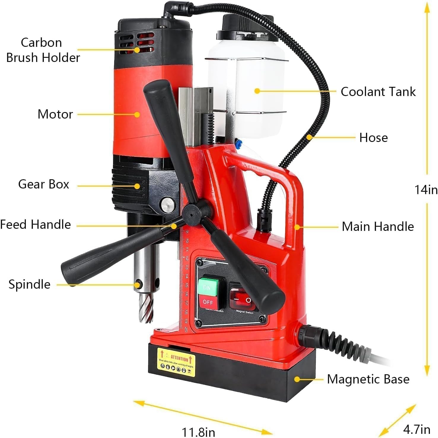 1550W Power Mag Drill Presses 2″ Boring Diameter 500RPM 10Speed with 11Pcs Bits