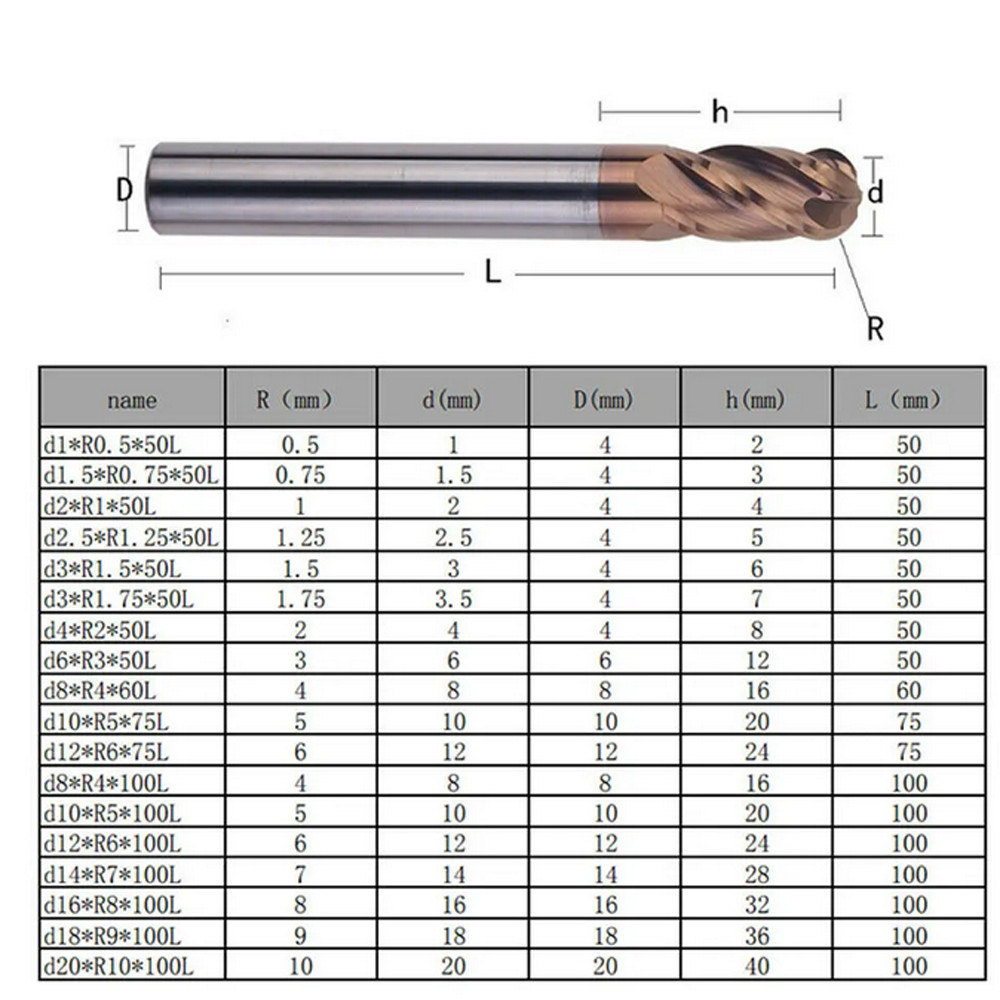 4 Flute R0.5-R10mm Solid Carbide Ball Nose End Mill Slot Drills TiAlN Coated