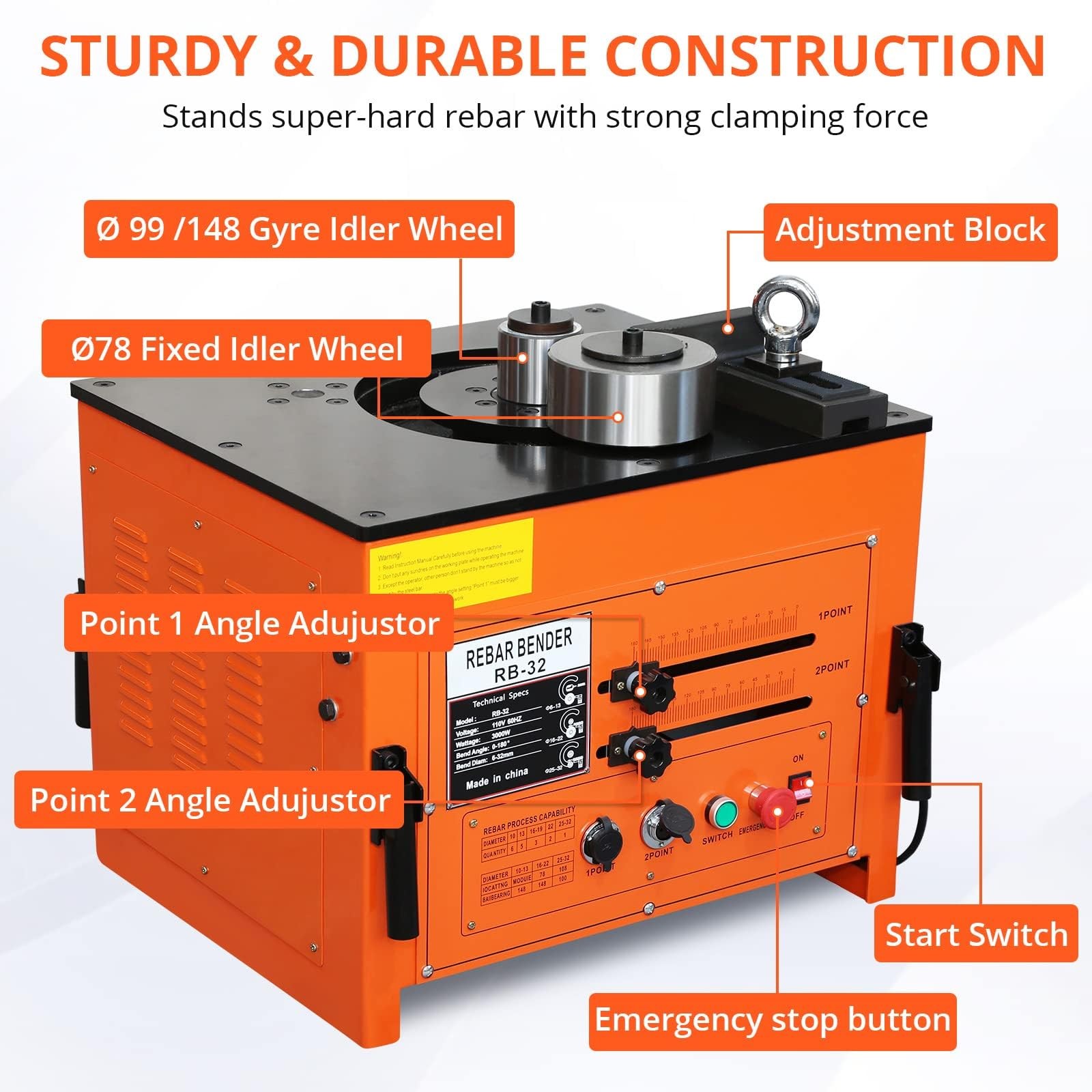 Electric Hydraulic Rebar Bender 3000W 1/4-1 Inch 0-180° Foot Pedal Switch