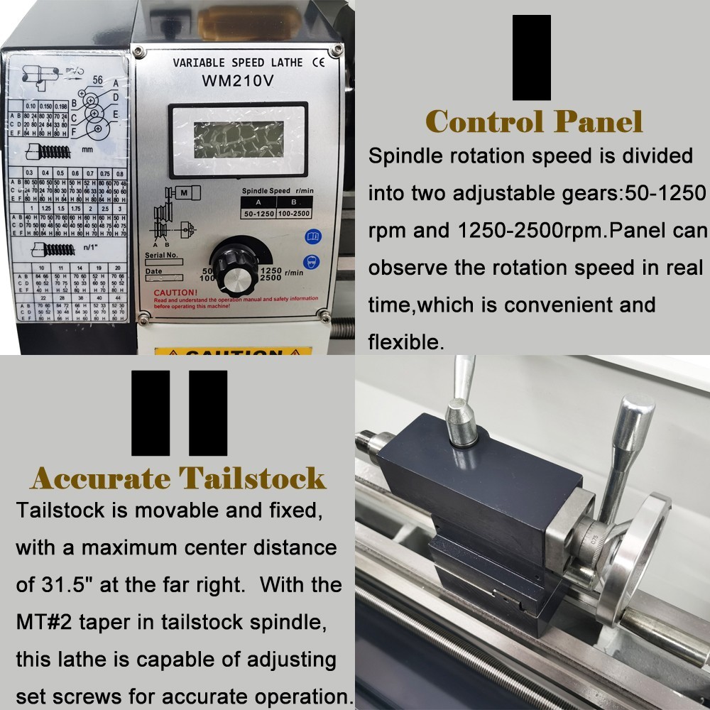 110V Variable Speed Lathe 1100W WM210V Double Chuck Metal Lathe 8″*32″