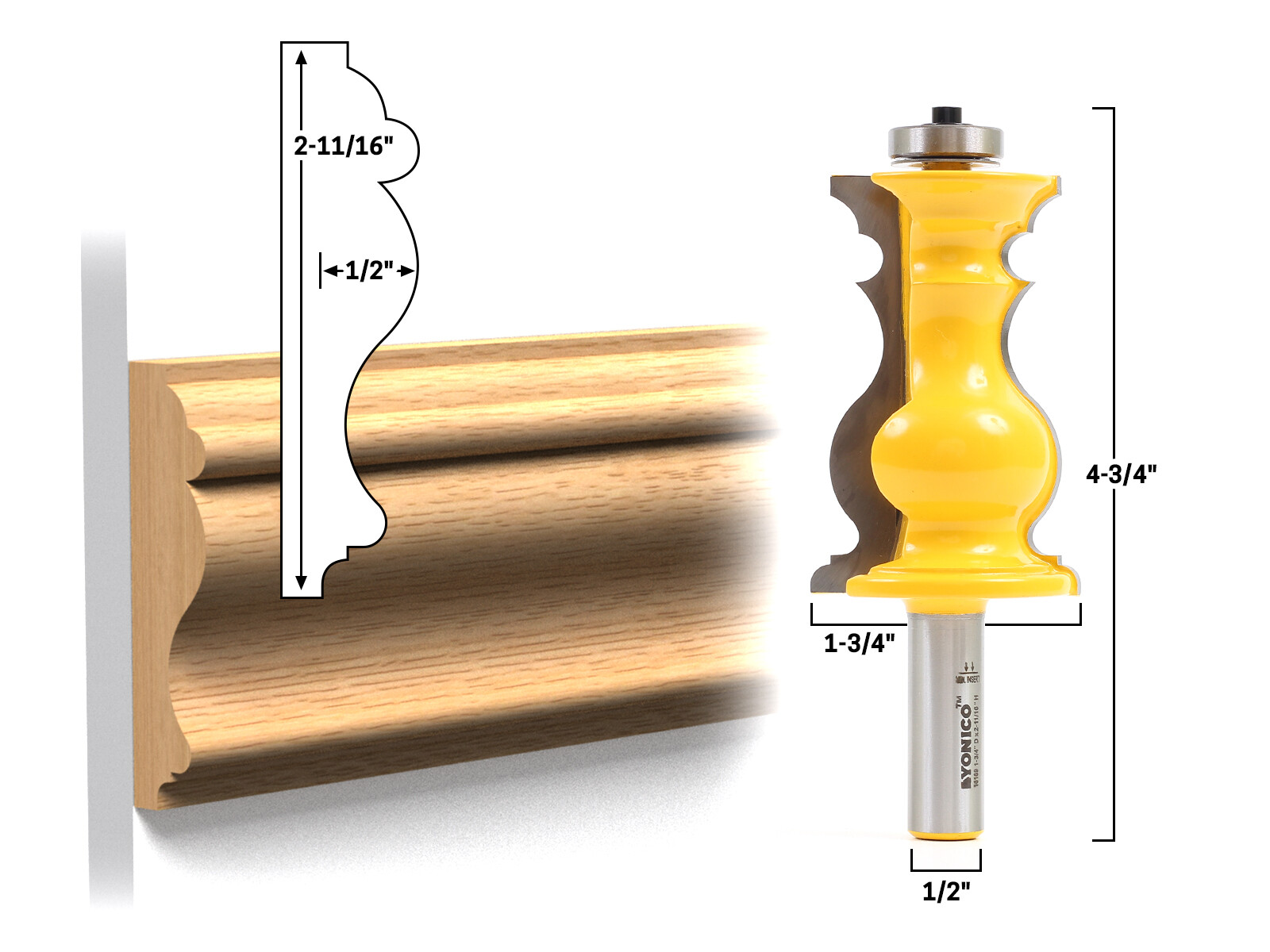 Elaborate Chair Rail Molding Router Bit – 1/2″ Shank – Yonico 16169
