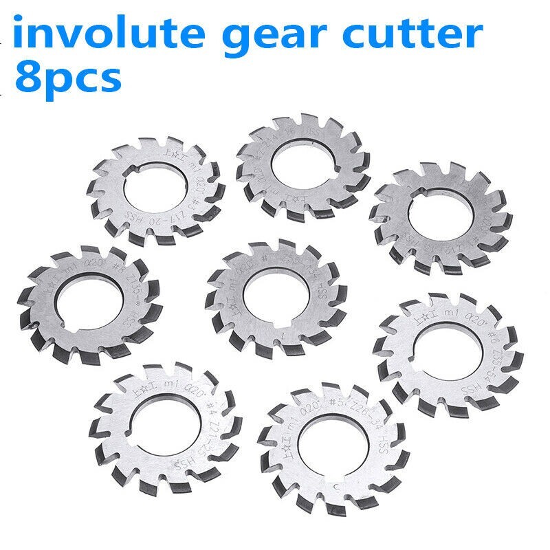 8pcs M1 20 Degree HSS Involute 1-8 Gear Cutter + 1pc 7/16″ 22mm R8 Shank Arbor