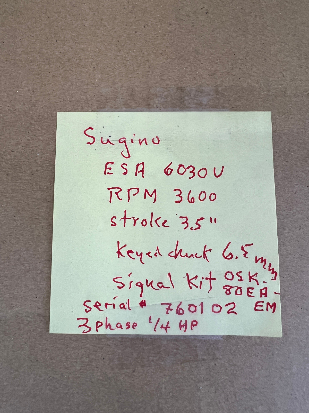 SUGINO SELFEEDER ELECTRIC DRILL, MODEL ESA-W 6030U, 3600 RPM, 3.15″ STROKE MAX,