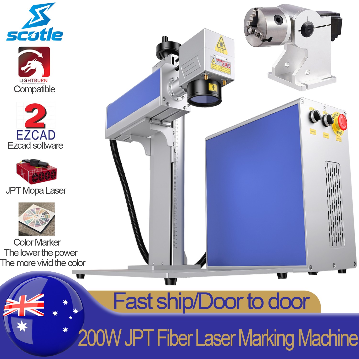 200W JPT Mopa Fiber Laser Marking Machine Metal Steel Aluminum Engraving Rotary