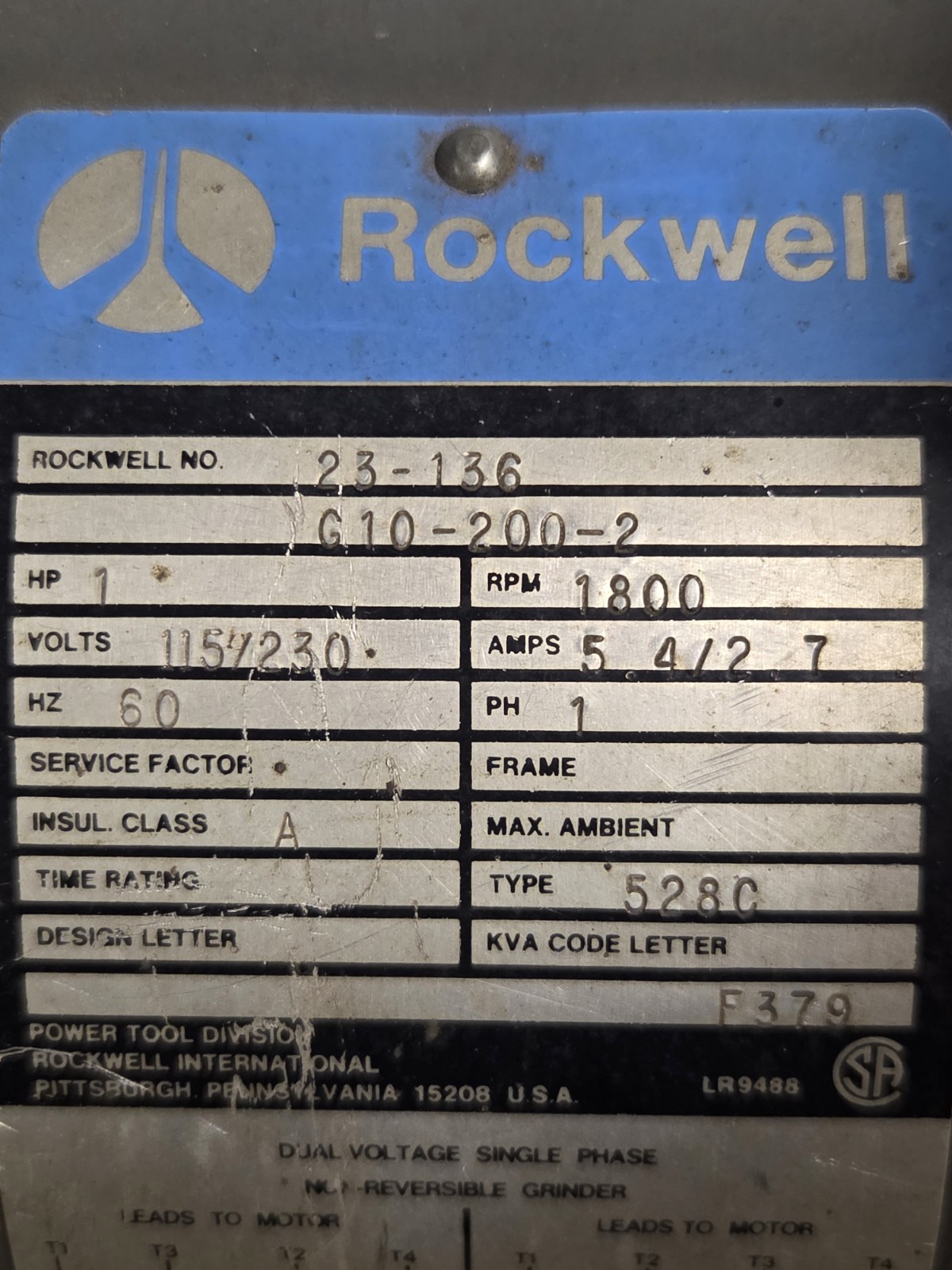 Rockwell 23-136 Pedestal Grinder Baldor 1HP Phila Traffic Base