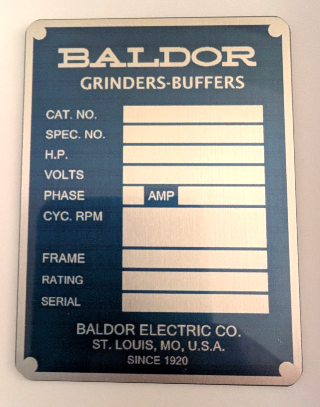 Replacement Older Baldor Bench Grinder Nameplate Blue | Sublimated | USA