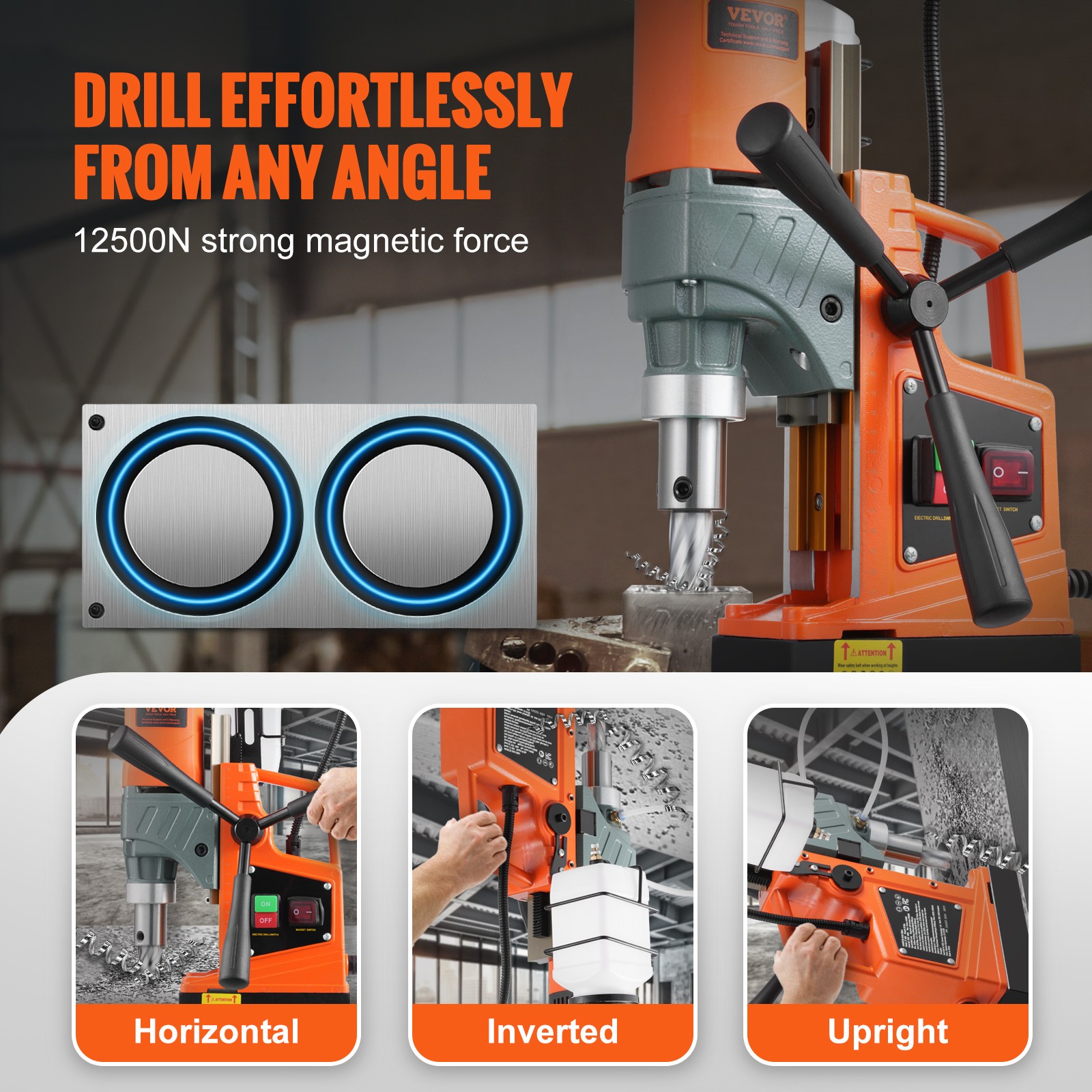 VEVOR Magnetic Drill 1450W 12500/12800N Portable Mag Drill Press 850/800RPM