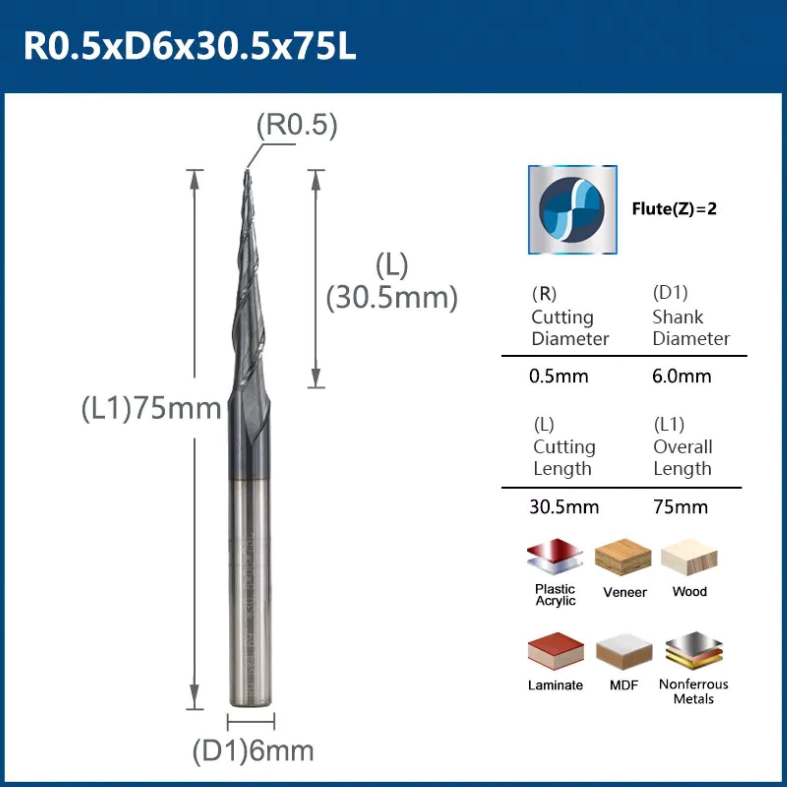 0.5mm Shank Tapered Spiral End Mill Ball Nose Radius 6mm Bit 1.0mm CNC Router