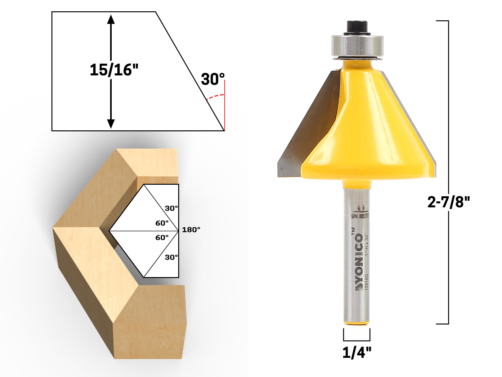 30 Degree Bevel Edge Forming Router Bit – 1/4″ Shank – Yonico 13914q