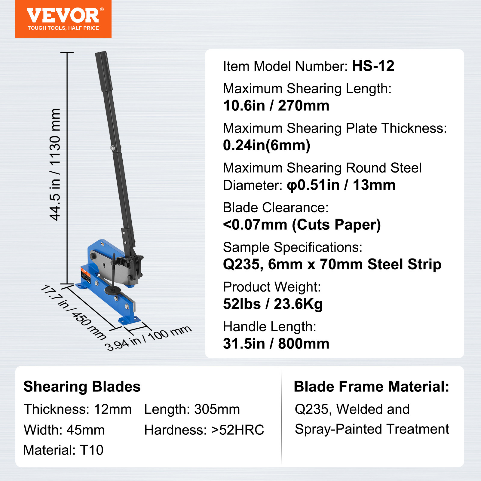 VEVOR 12″ Manual Hand Plate Shear Benchtop Cutter Metal Sheet Processing Q235