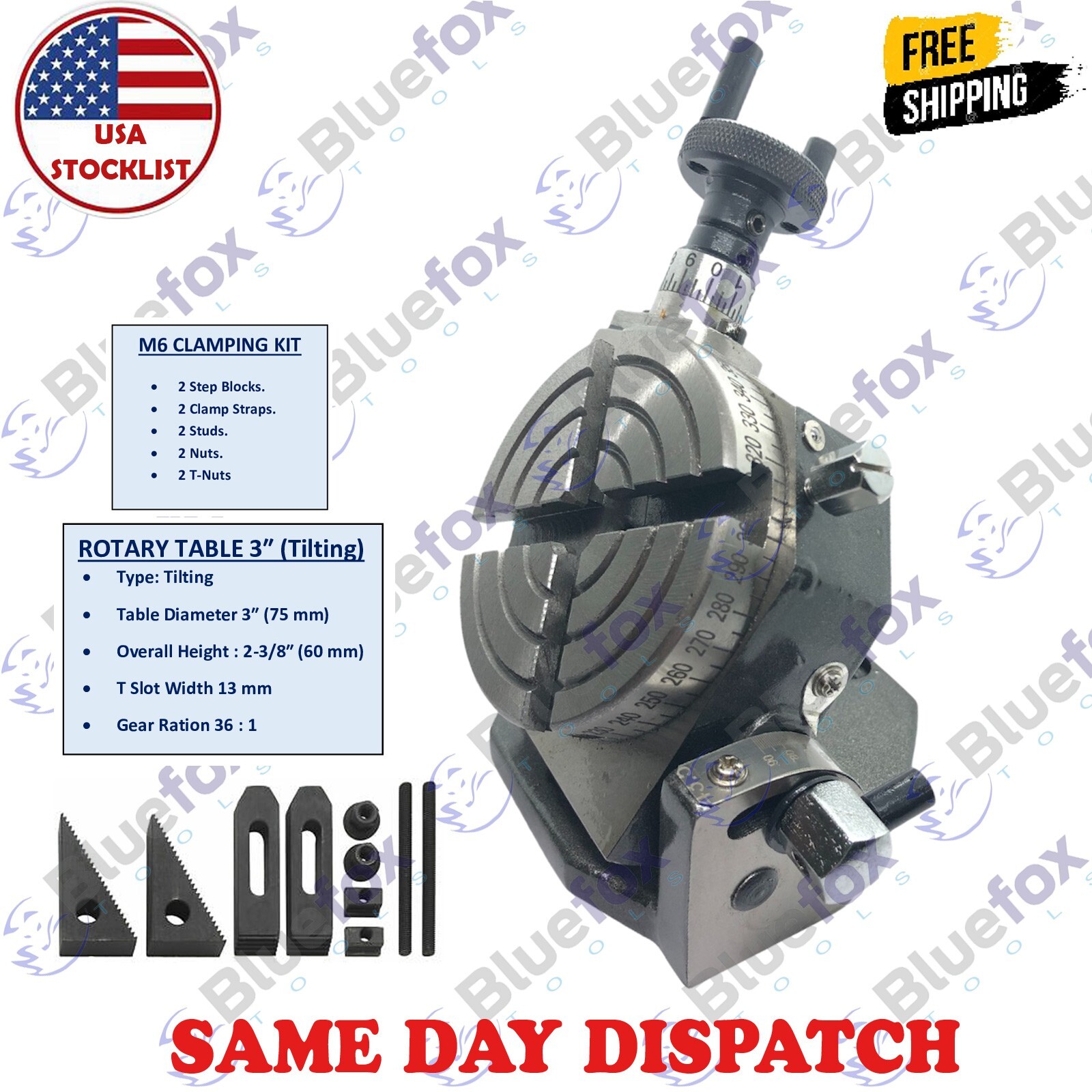 Tilting Rotary Table (4 Slots) 3″ Inches 75MM for Milling With Clamping Kit M6