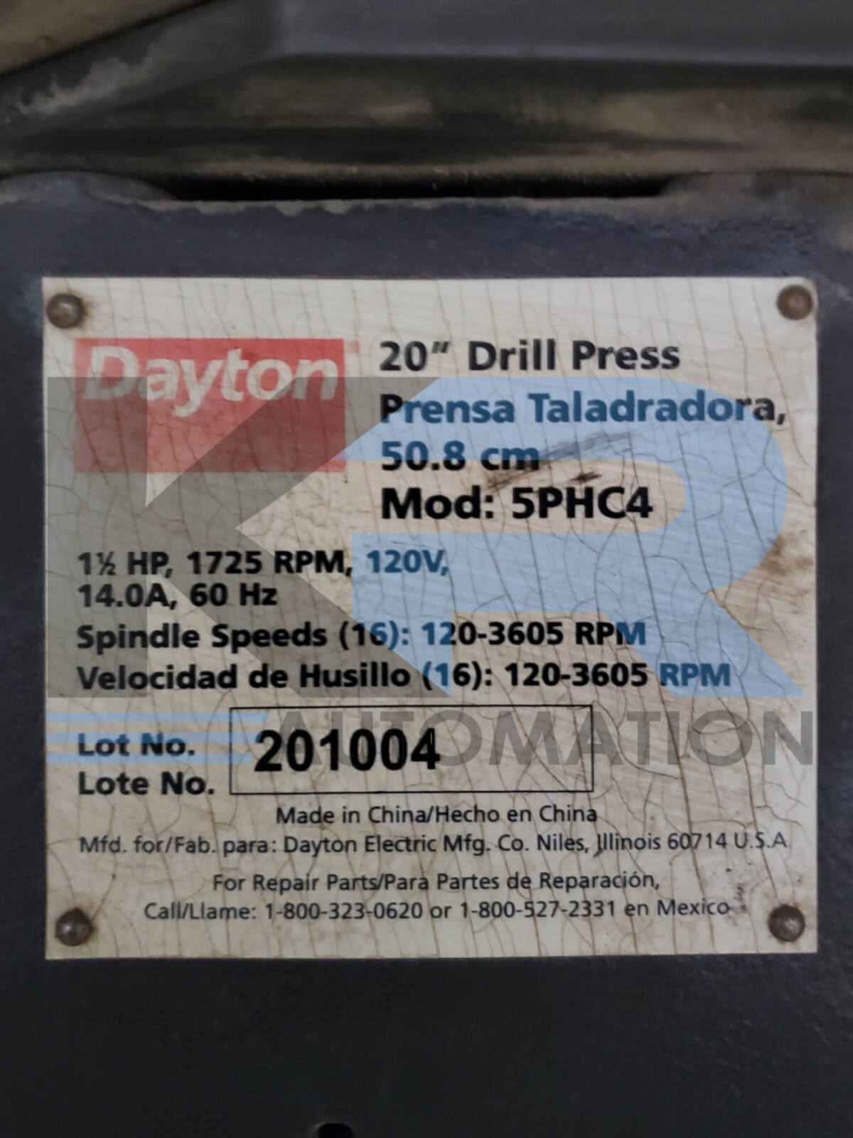 Dayton 5PHC4 20″ Floor Drill Press 120V 1-1/2HP 1725RPM 14A