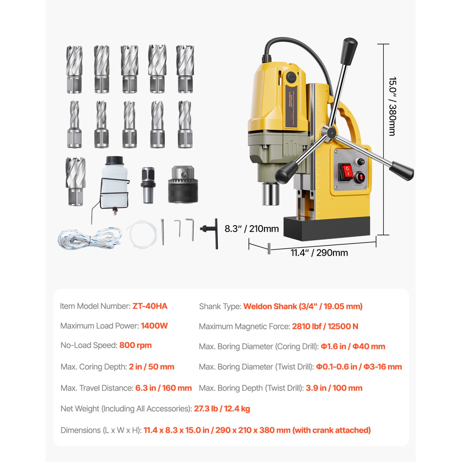Magnetic Drill Press, 1400W, 1.6 in Boring, 2810 lbf, 800 RPM, w/ 11 Bits