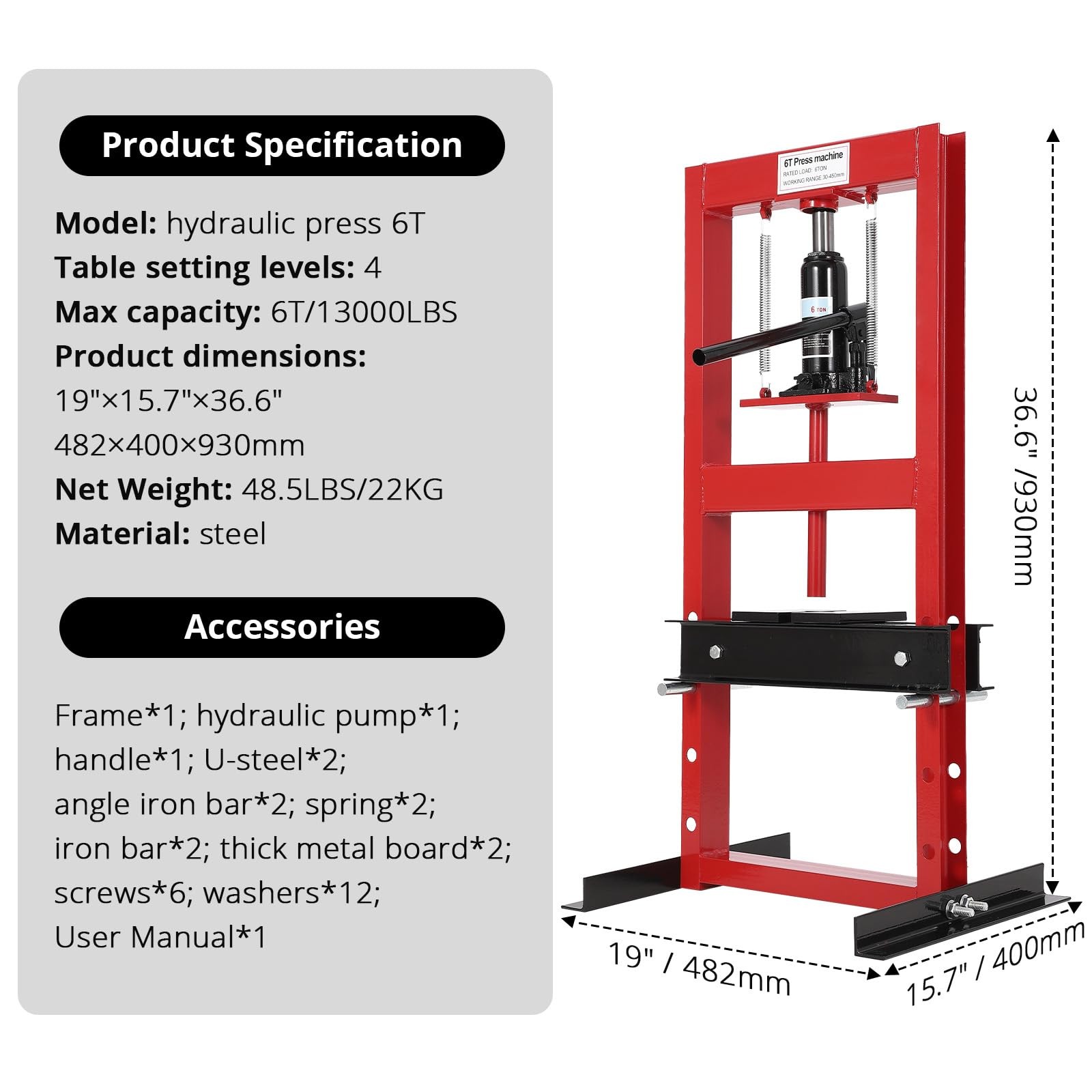 Hydraulic Press T Shop Press, Heavy Duty H Frame Garage Adjustable Red 6