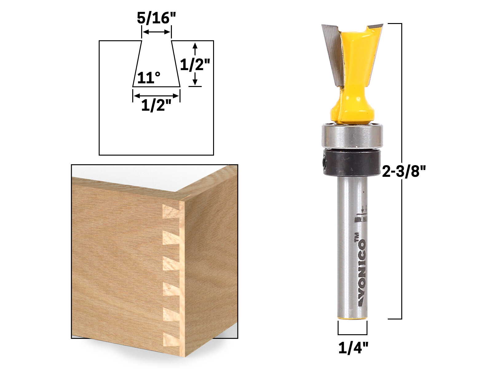 11Â° X 1/2″ Dovetail Router Bit – 1/4″ Shank – Yonico 14811q