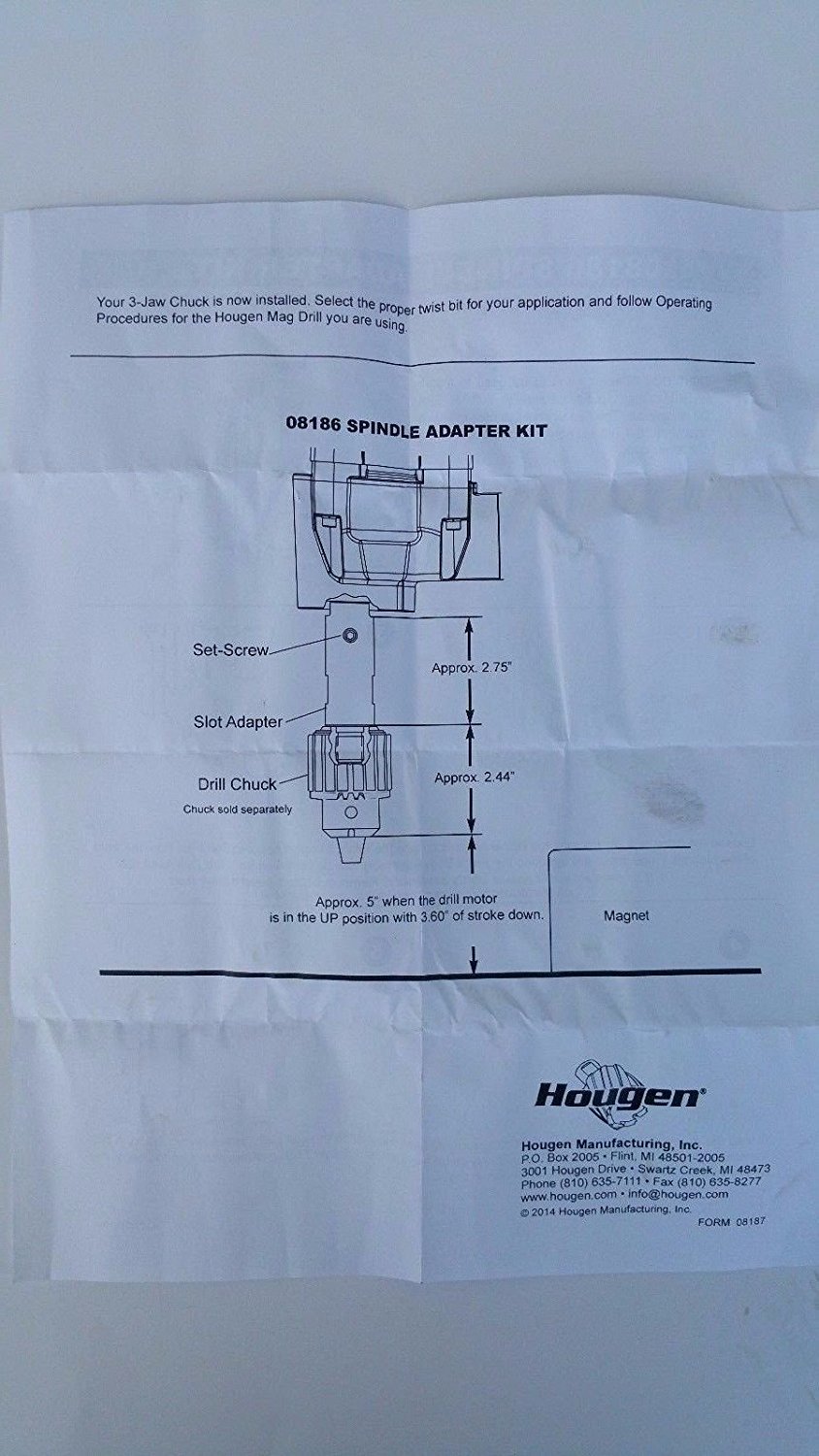 HOUGEN DRILL CHUCK&ADAPTER FOR MODELS,HMD904, 905 & 927 (SLOTDRIVE)#08186/#10731