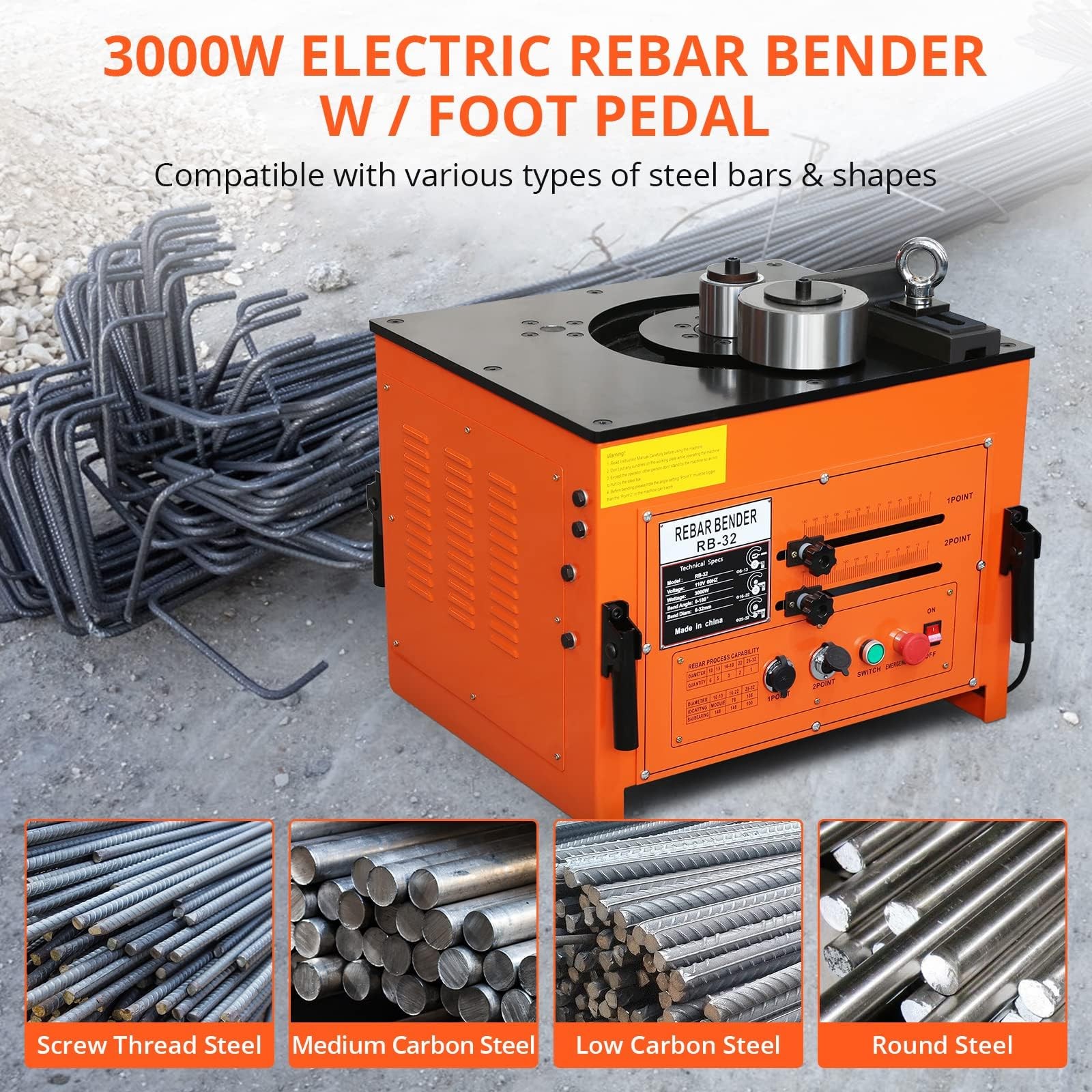 Electric Hydraulic Rebar Bender 3000W 1/4-1 Inch 0-180° Foot Pedal Switch