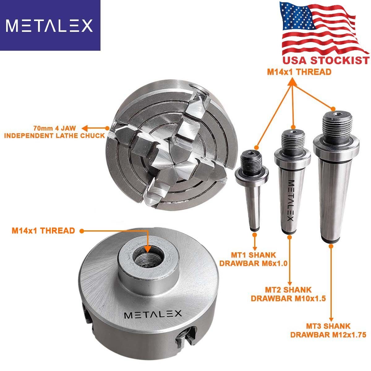 2-3/4″ 70mm 2.75″ Independent 4 Jaw Lathe Chuck MT1 MT2 MT3 Adapters Drill Metal