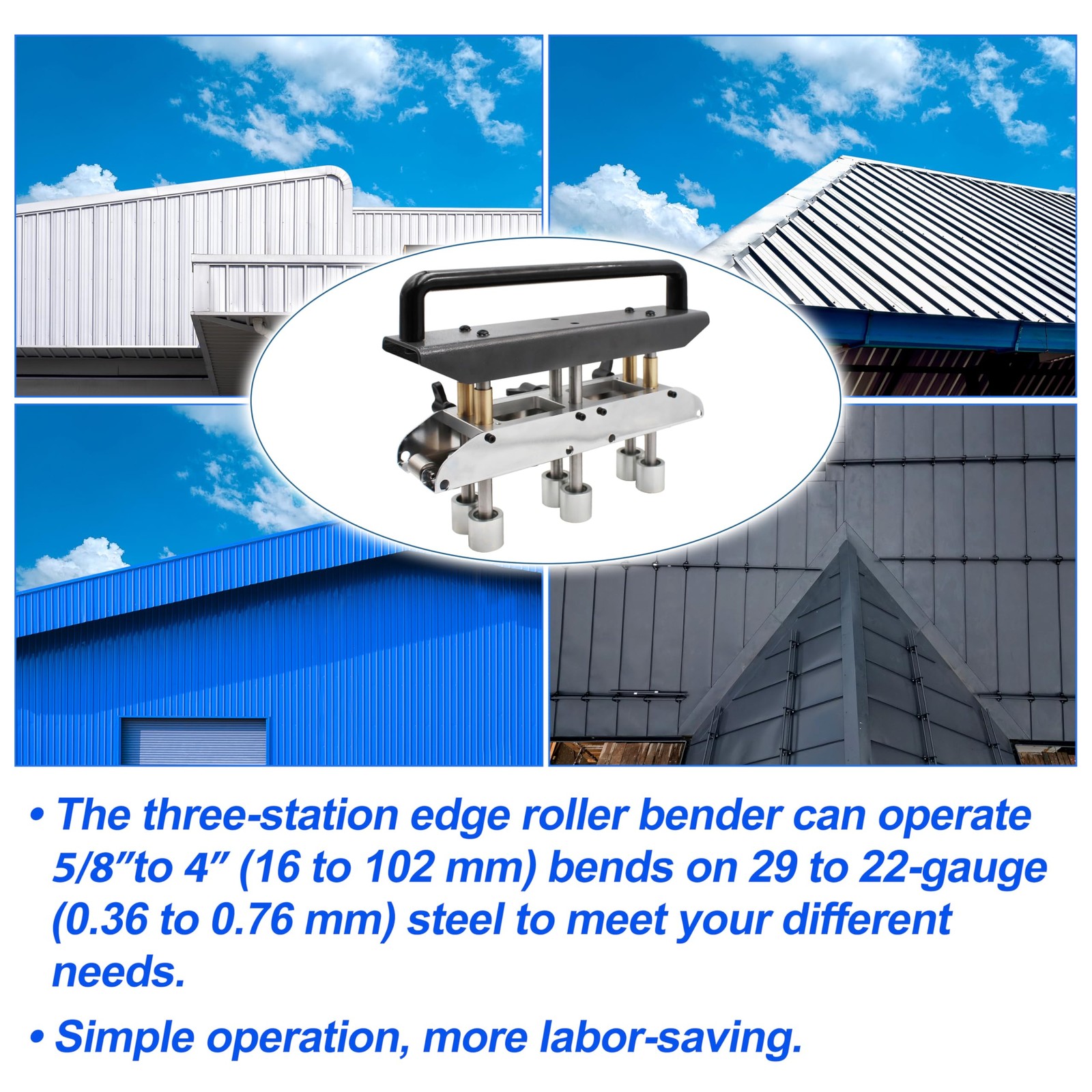 3-Station Edge Roller Bender,5/8″-4″ Bends in 29-22 Steel at 0-90° Angle Black