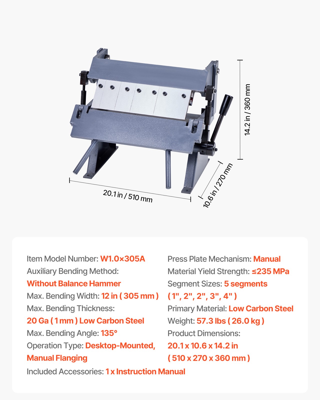 VEVOR 12 in Box and Pan Brake 0-135° 20 Ga Sheet Metal Bending Brake Bender 5