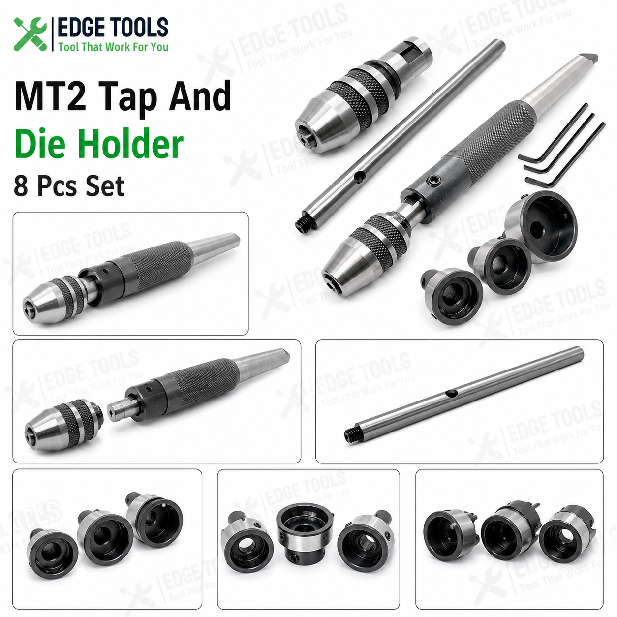 New Lathe Tailstock Tap And Die Holder 8 Pcs Set MT2 Shank Threading Tapping Kit
