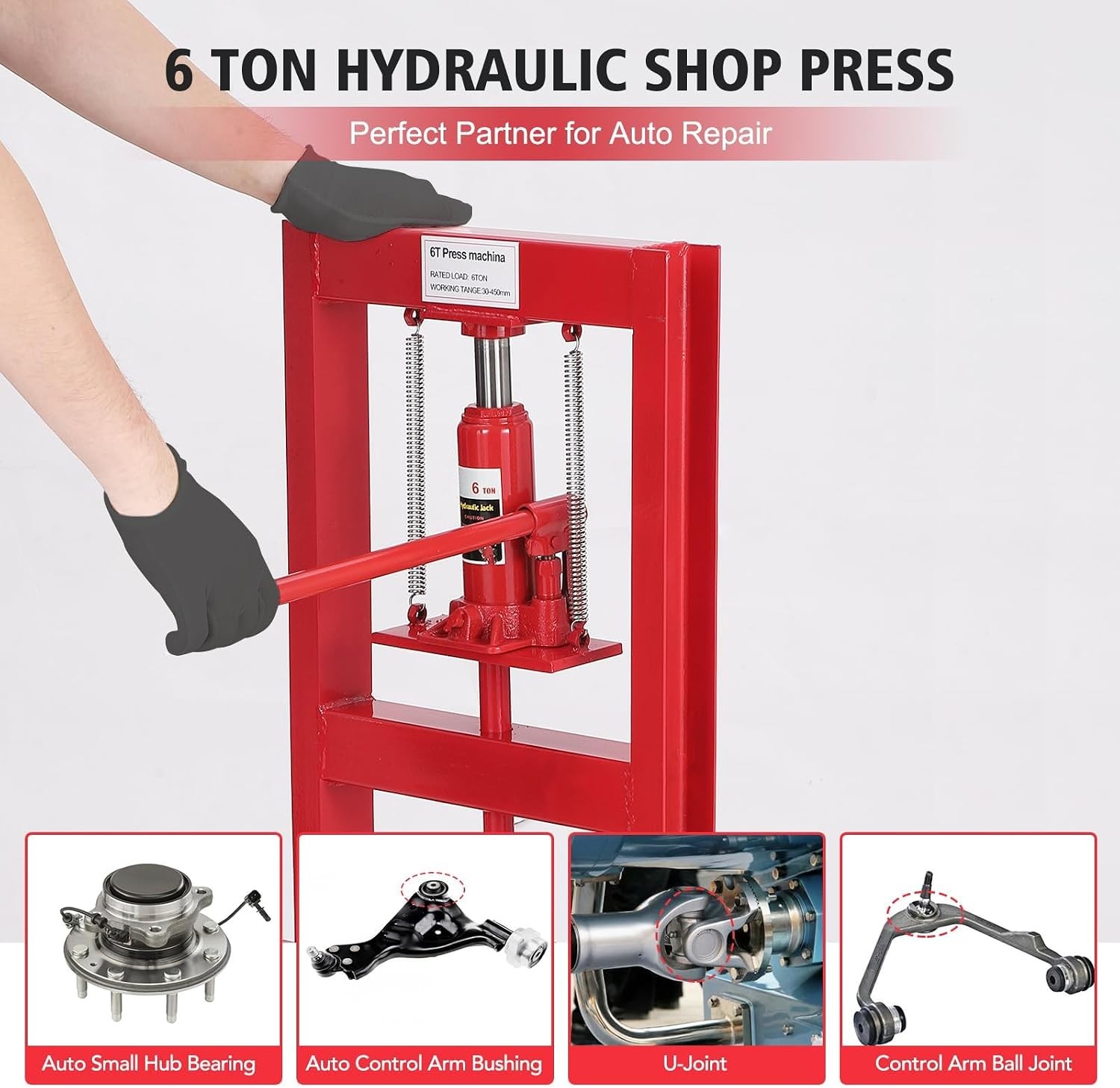 6T Hydraulic Shop Press H-Frame Floor Shop Press,Red hydraulic press w/2 plates