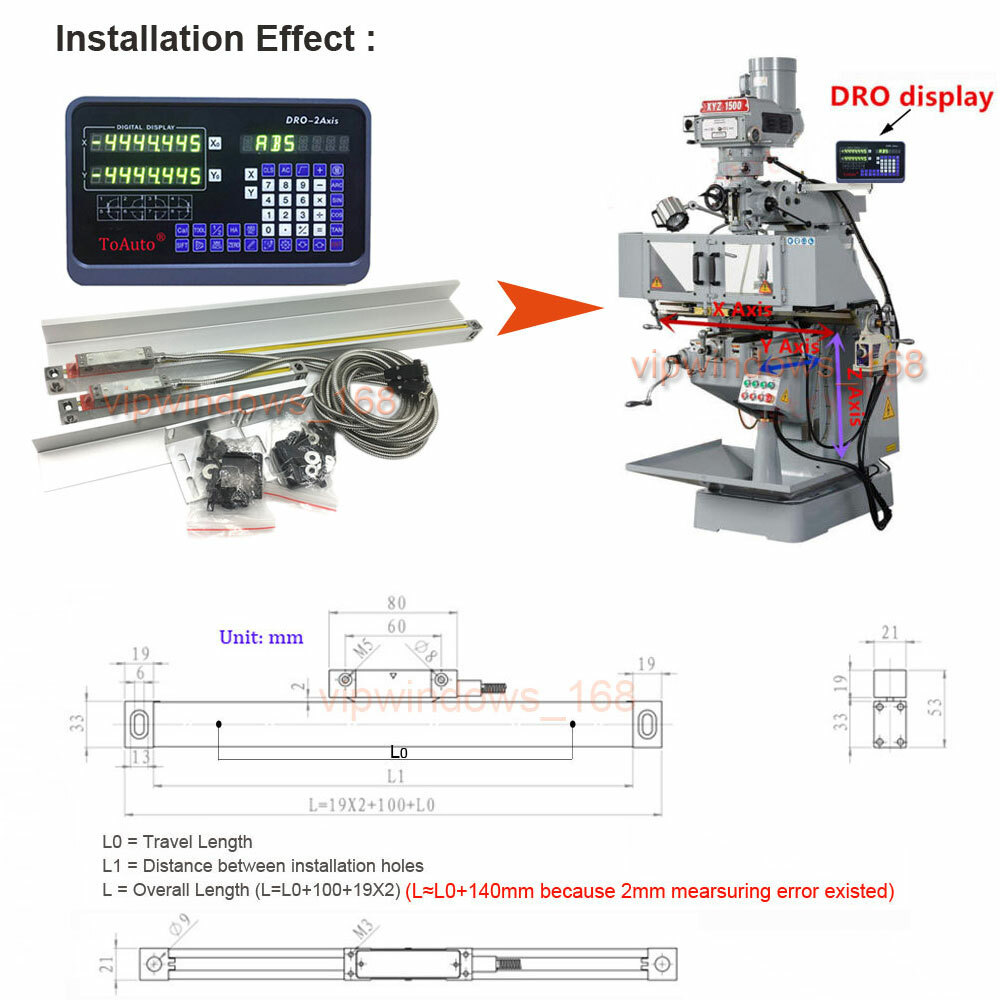 2Axis Digital Readout DRO Display 200+950mm Linear Scale for CNC Mill Lathe, US