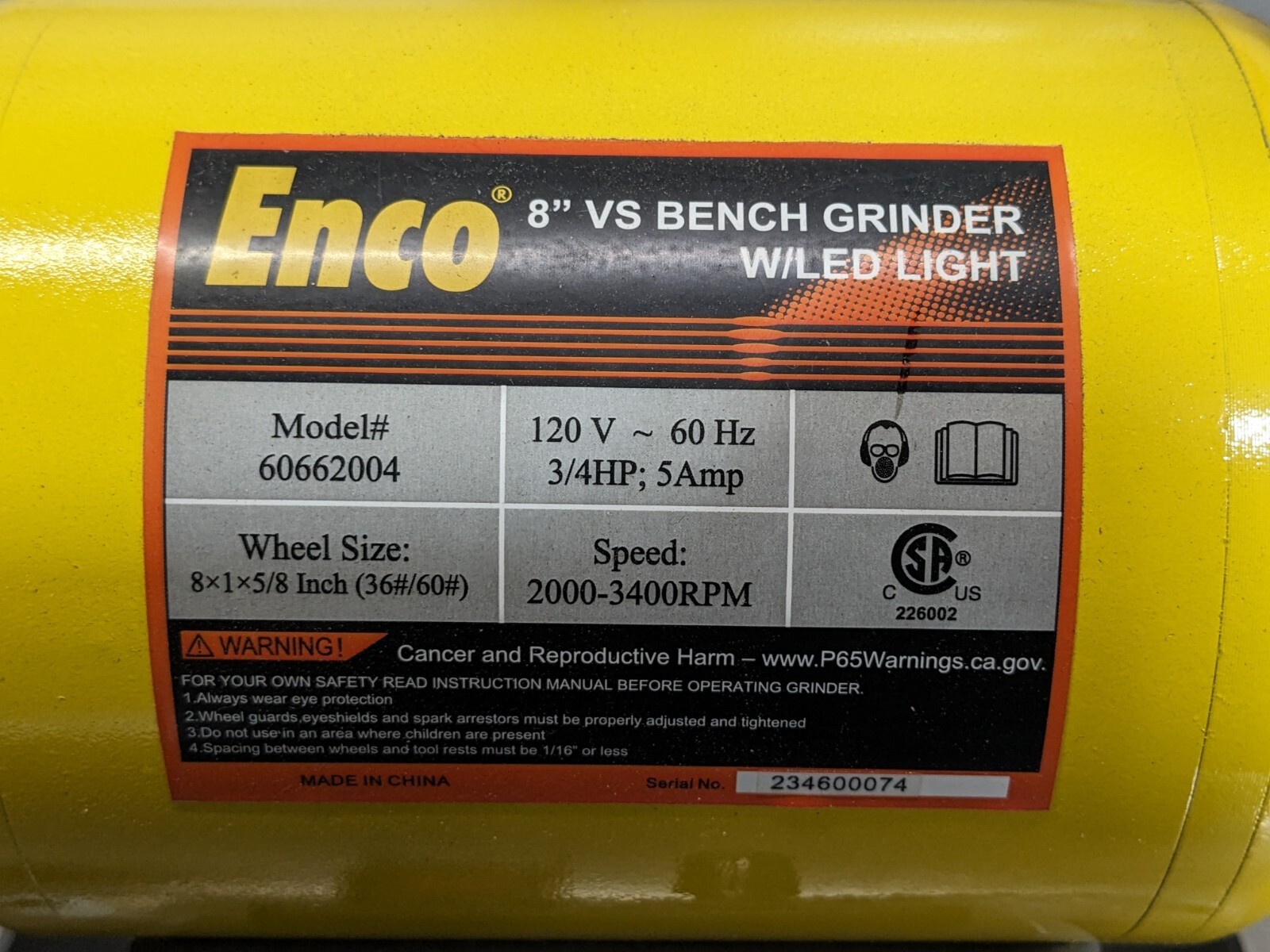 Enco Variable Speed Bench Grinder w/ LED Light 8″ Wheel Dia. 120v Parts / Repair