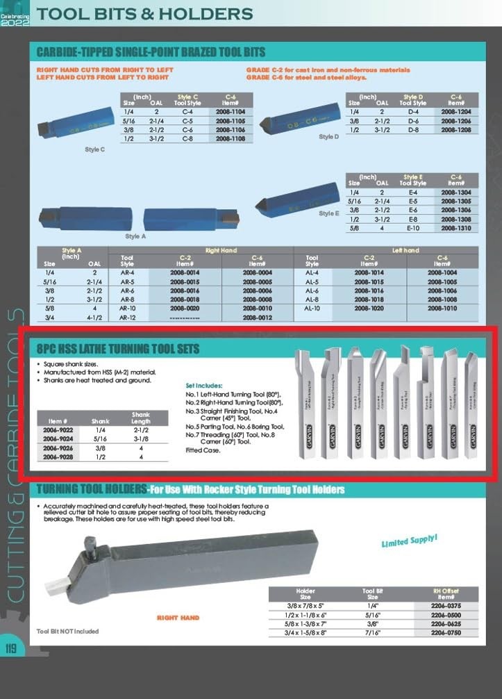 2006-9024 5/16 X 3-1/8″ 8 Piece High Speed Steel Lathe Turning Tool Set