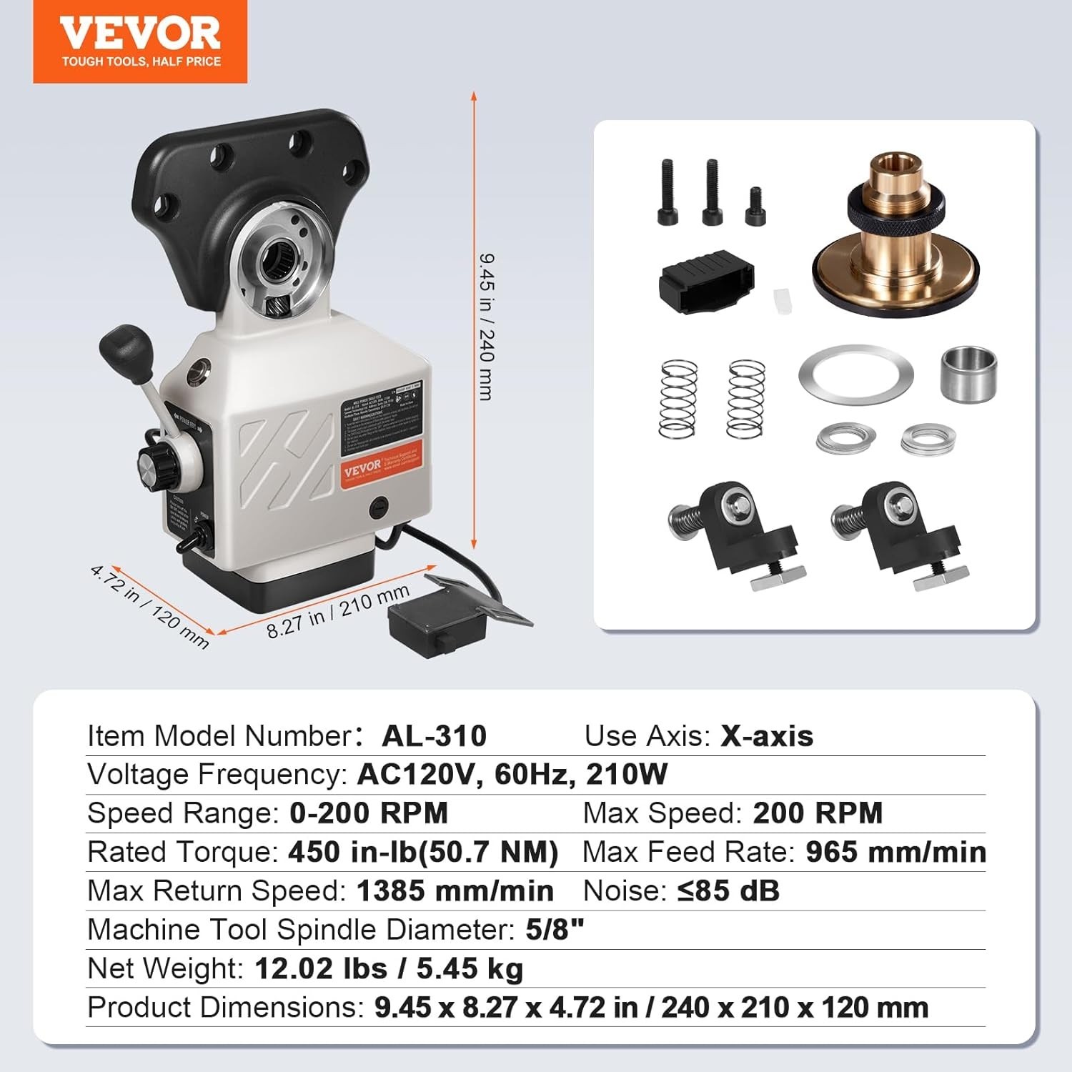 Versatile X-Axis Power Feed for Milling Machines, 450 in-lb Torque, 0-200 RPM