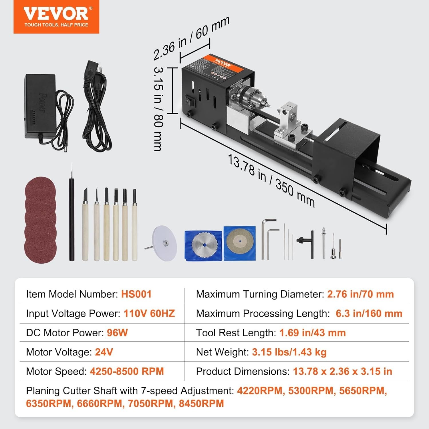 High-Speed Mini Lathe Machine, 2.76×6.3in, 96W Motor for Precision Woodwork