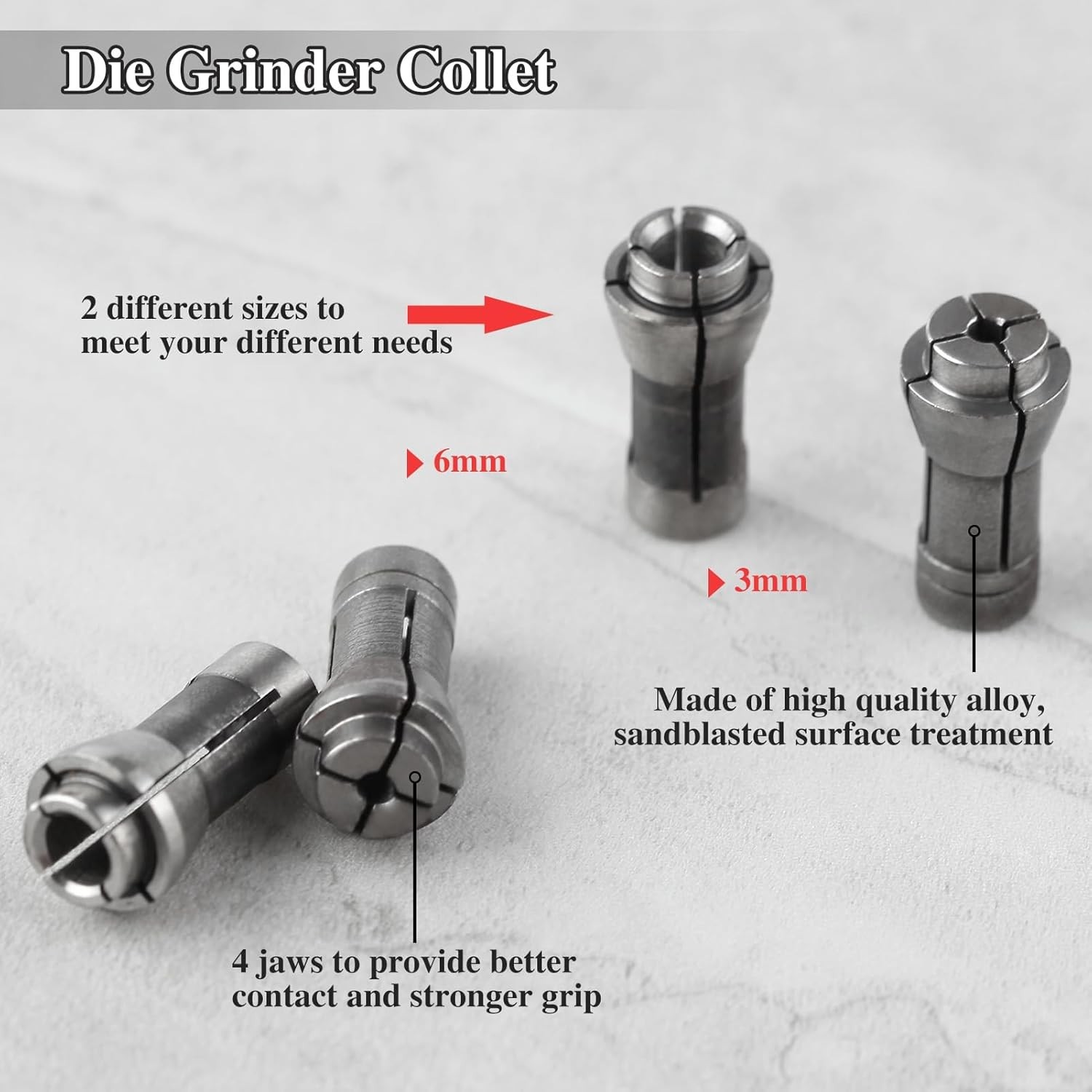 4 Pcs Die Grinder Collet Adapter Set for 1/4″ & 1/8″ Arbors – 3mm & 6mm Chucks