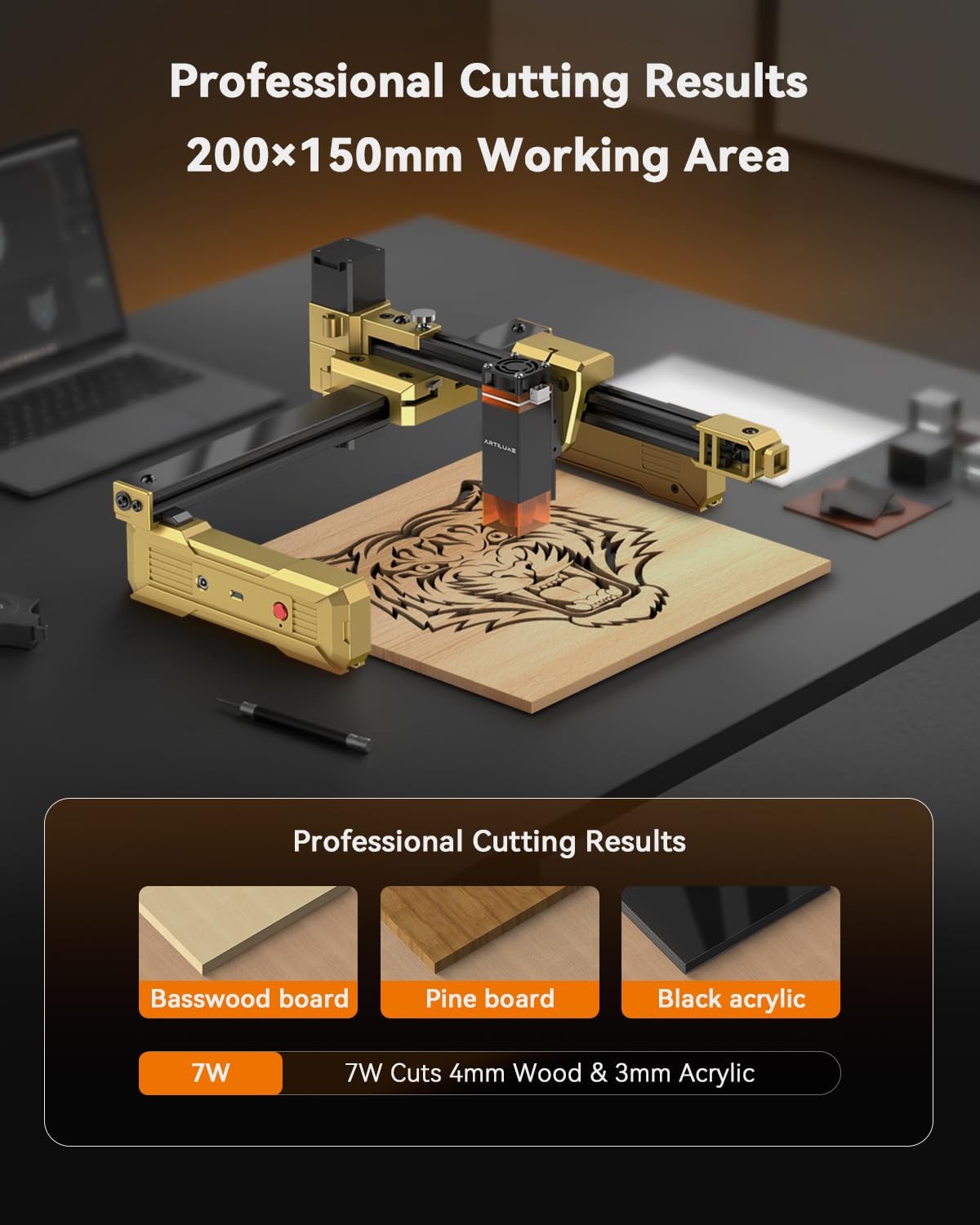 Artilume Laser Engraver Portable Cutter Foldable 3000mW, GOLD-BLACK